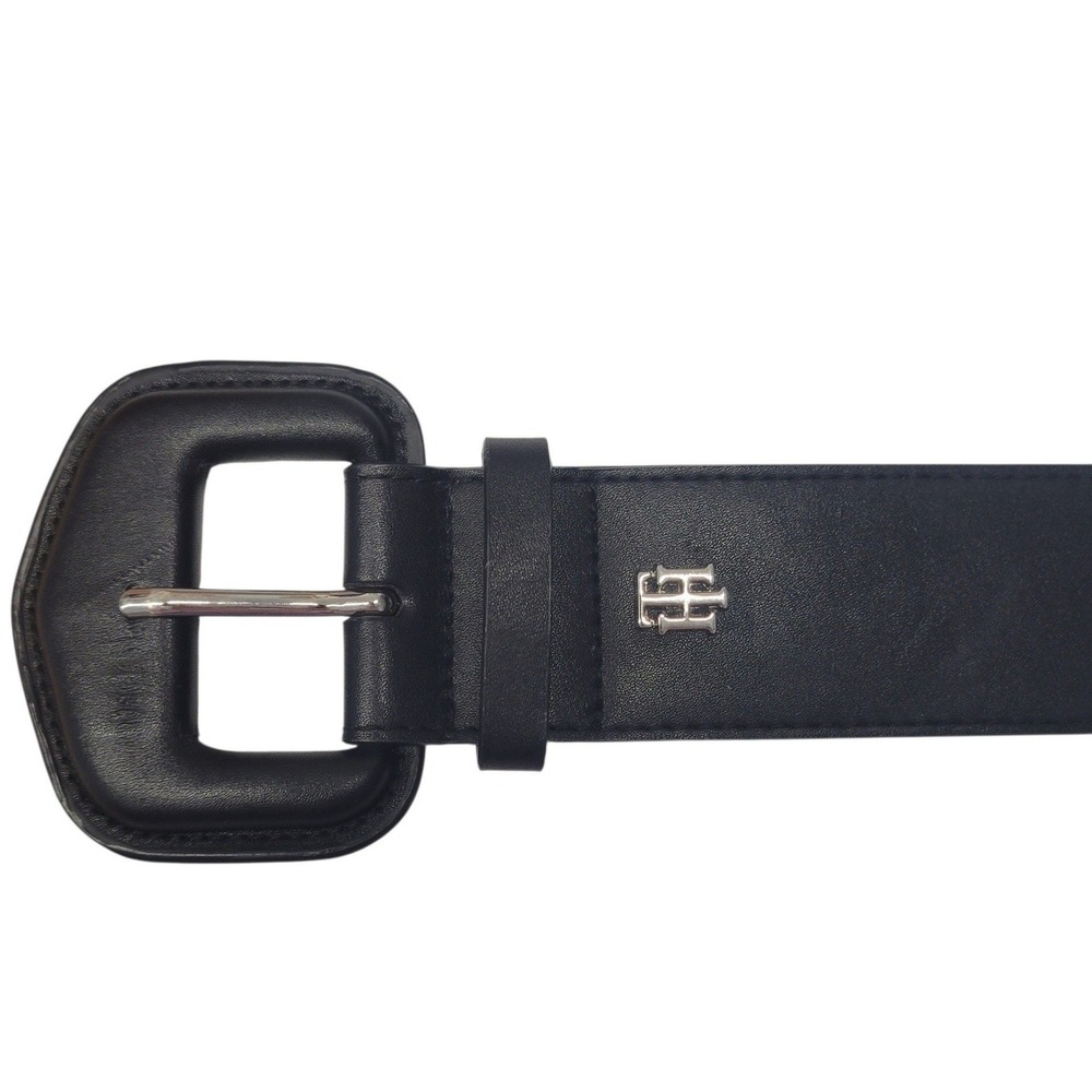 Tommy Hilfiger Womens Black Synthetic Leather Belt Oversized Buckle Sz Lg